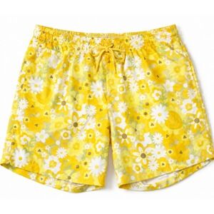 Free Planet Mens Large Swim Trunks Yellow Floral Drawstring Retro Beachcore